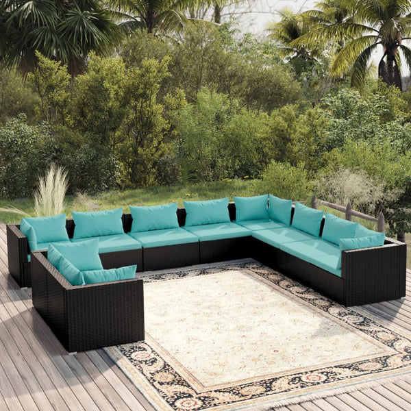 10 Piece Patio Lounge Set with Cushions Black Poly Rattan