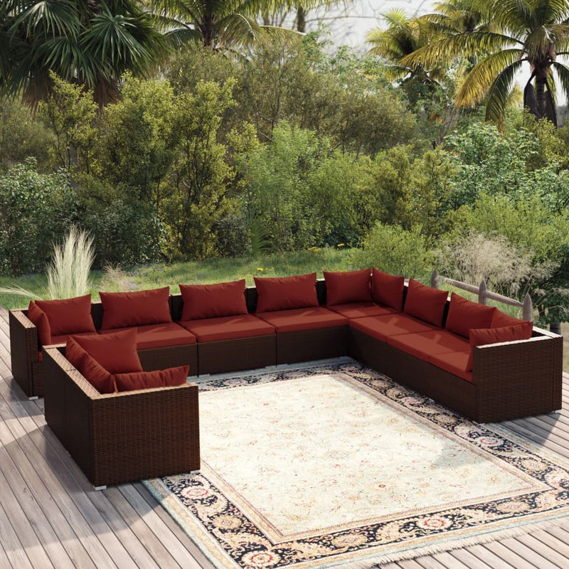 10 Piece Patio Lounge Set with Cushions Brown Poly Rattan