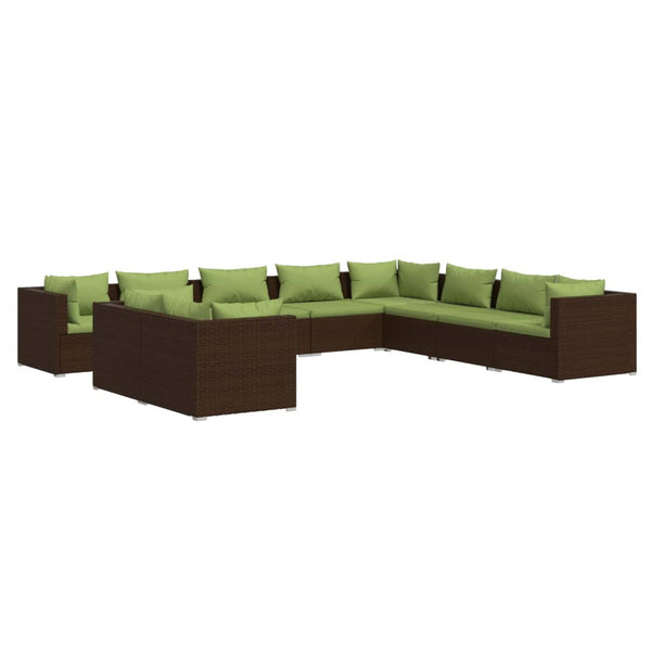 10 Piece Patio Lounge Set with Cushions Brown Poly Rattan