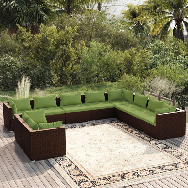 10 Piece Patio Lounge Set with Cushions Brown Poly Rattan