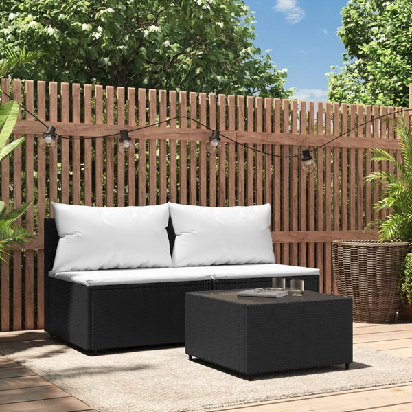 3 Piece Patio Lounge Set with Cushions Black Poly Rattan