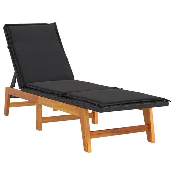 Sun Lounger with Cushion Poly Rattan and Solid Wood Acacia