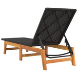 Sun Lounger Black and Brown Poly Rattan and Solid Wood Acacia