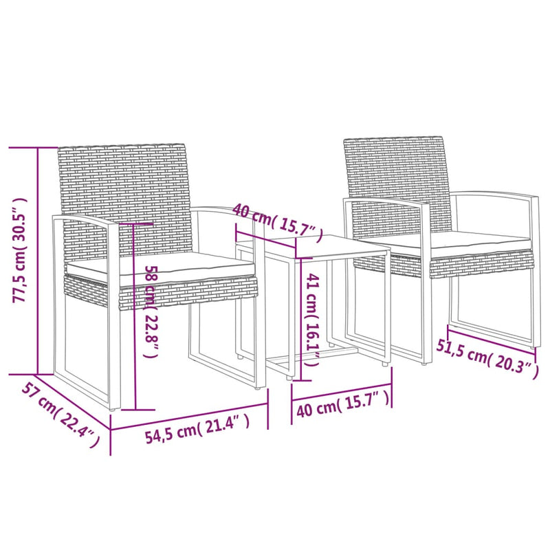 3 piece Patio Dining Set with Cushions Black PP Rattan