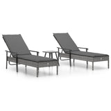 Sun Loungers 2 pcs with Table and Cushions Gray Poly Rattan