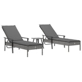 Sun Loungers 2 pcs with Table and Cushions Gray Poly Rattan