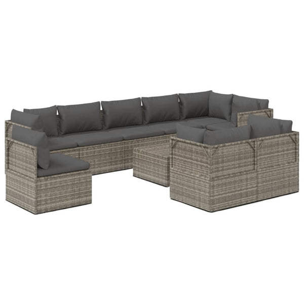 10 Piece Patio Lounge Set with Cushions Gray Poly Rattan