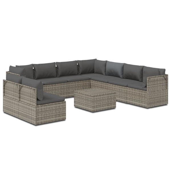 10 Piece Patio Lounge Set with Cushions Gray Poly Rattan