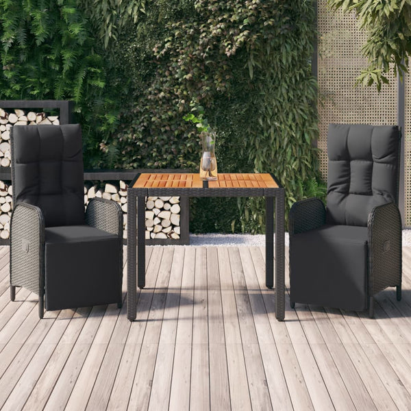 3 Piece Patio Dining Set with Cushions Black Poly Rattan