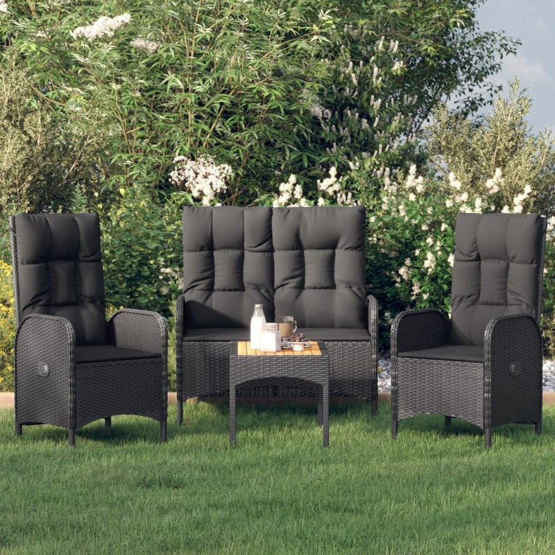 4 Piece Patio Dining Set with Cushions Black Poly Rattan