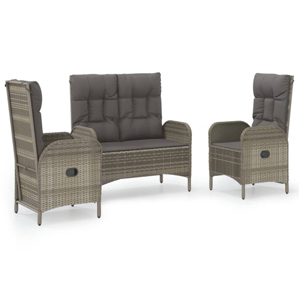 3 Piece Patio Dining Set with Cushions Gray Poly Rattan