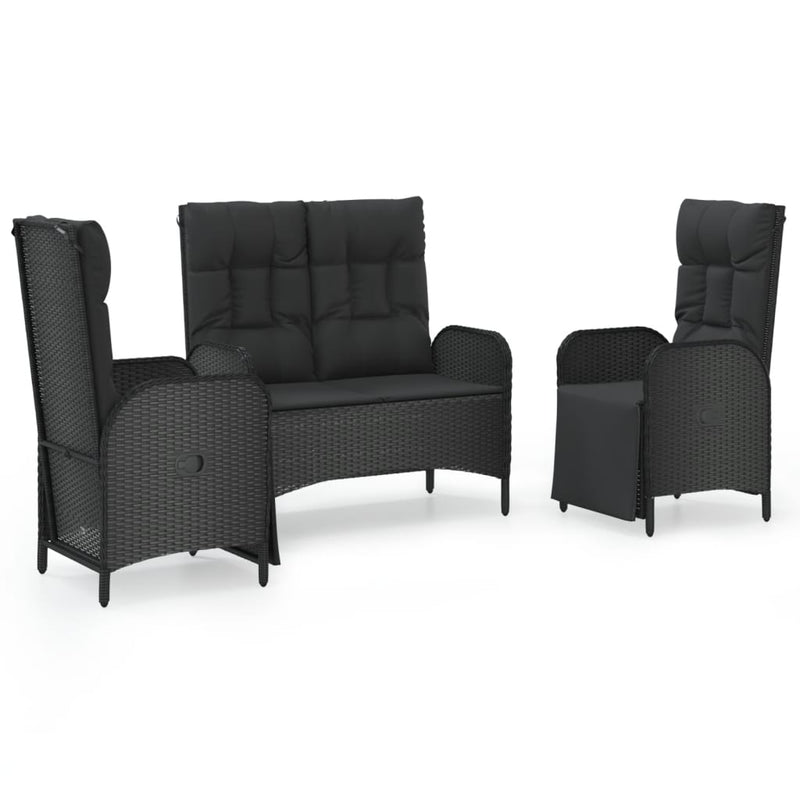 3 Piece Patio Dining Set with Cushions Black Poly Rattan