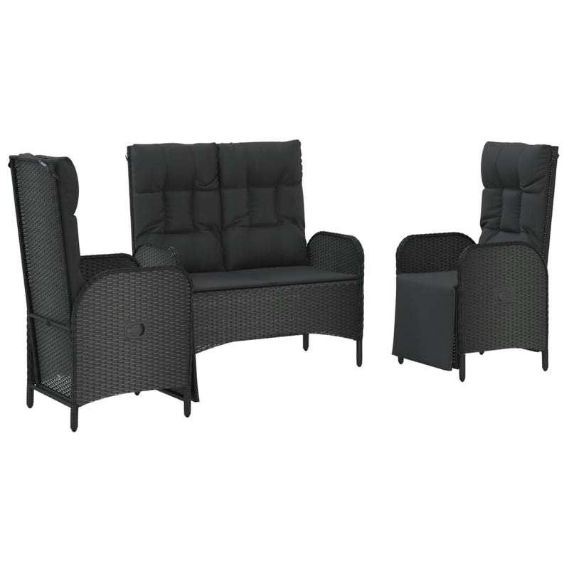 3 Piece Patio Dining Set with Cushions Black Poly Rattan