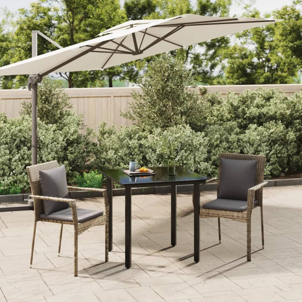 3 Piece Patio Dining Set with Cushions Black and Gray Poly Rattan