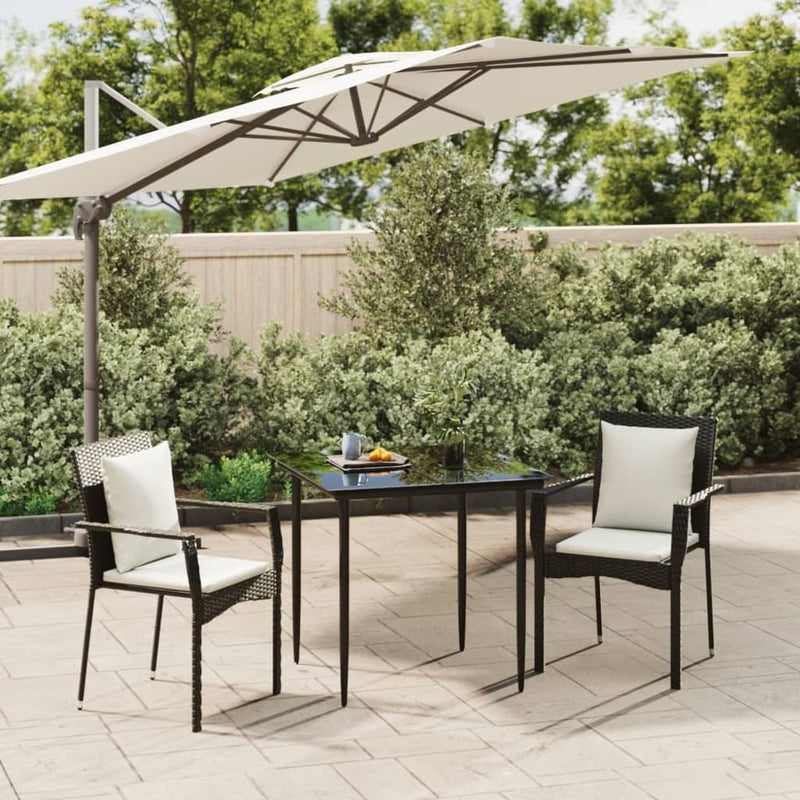 3 Piece Patio Dining Set with Cushions Black Poly Rattan