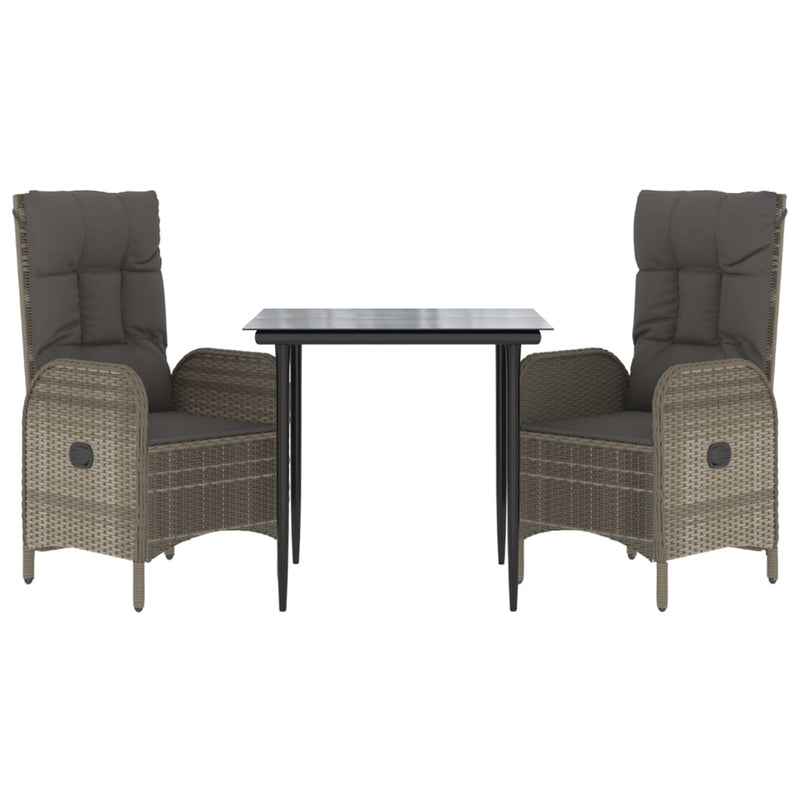 3 Piece Patio Dining Set with Cushions Black and Gray Poly Rattan