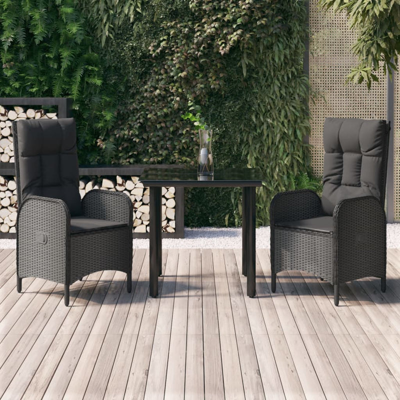 3 Piece Patio Dining Set with Cushions Black Poly Rattan