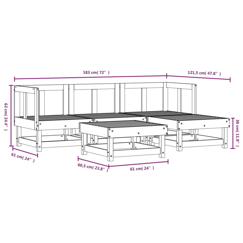 5 Piece Patio Lounge Set Solid Wood Pine