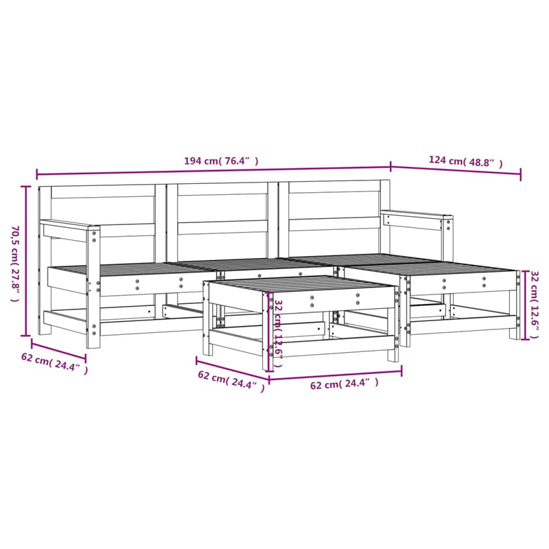 5 Piece Patio Lounge Set Solid Wood Pine