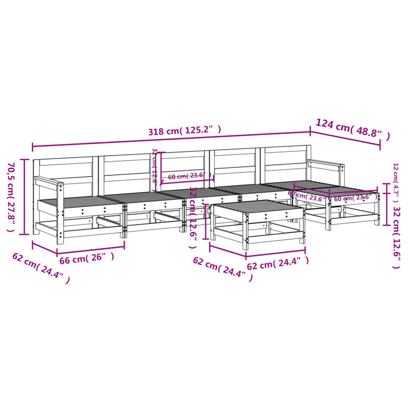 7 Piece Patio Lounge Set Solid Wood Pine