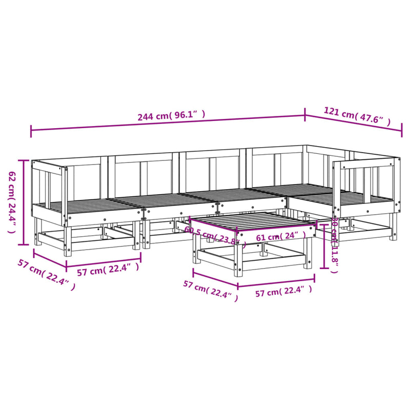 6 Piece Patio Lounge Set Solid Wood Pine