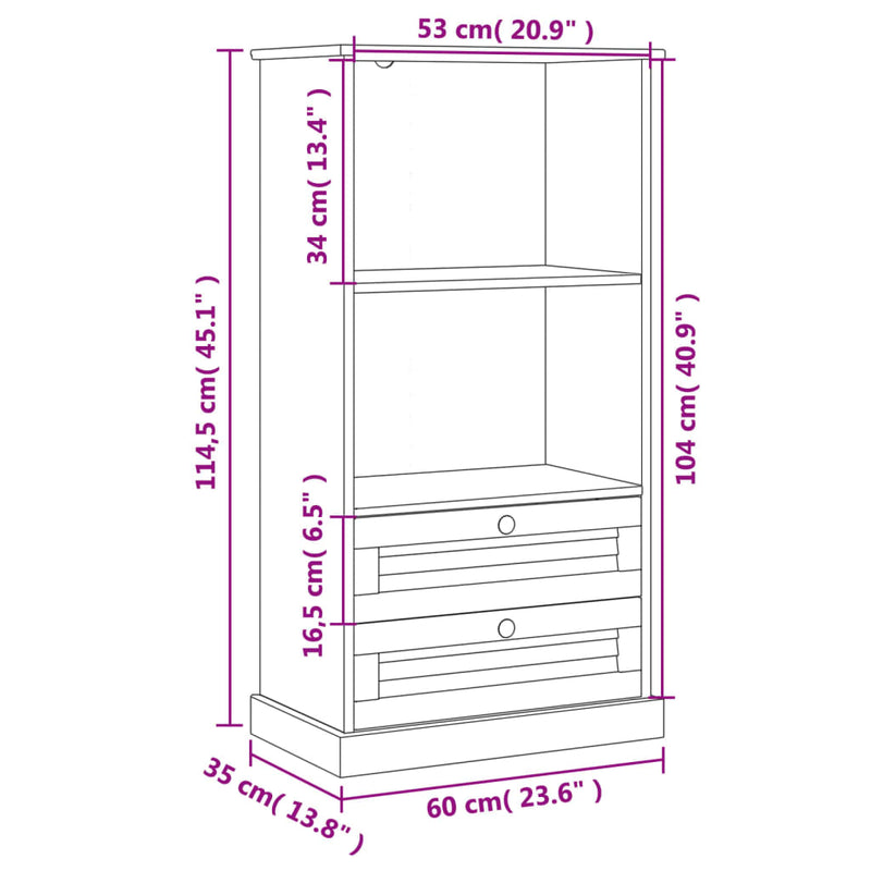 Bookcase VIGO 23.6"x13.8"x45.1" Solid Wood Pine