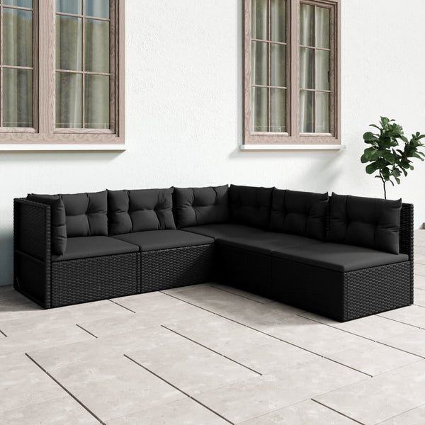 5 Piece Patio Lounge Set with Cushions Black Poly Rattan