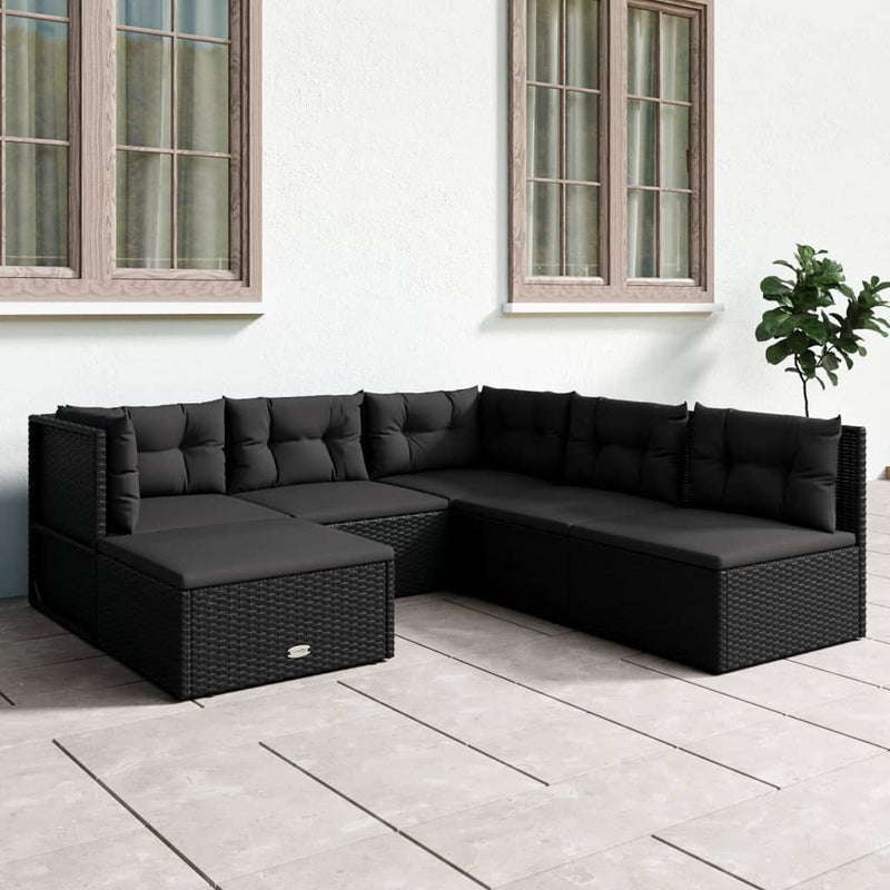 6 Piece Patio Lounge Set with Cushions Black Poly Rattan