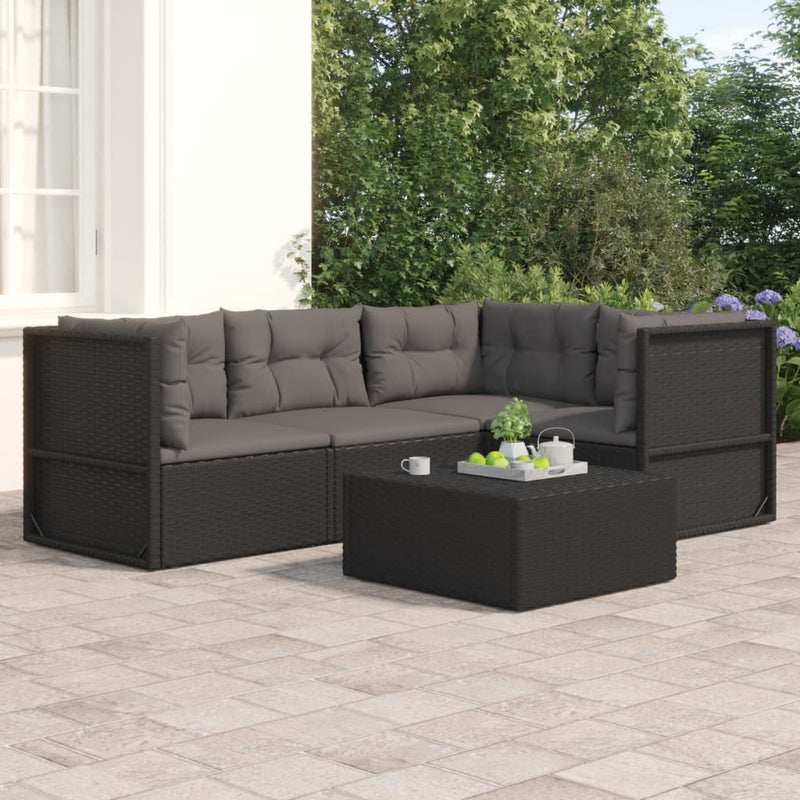 4 Piece Patio Lounge Set with Cushions Black Poly Rattan