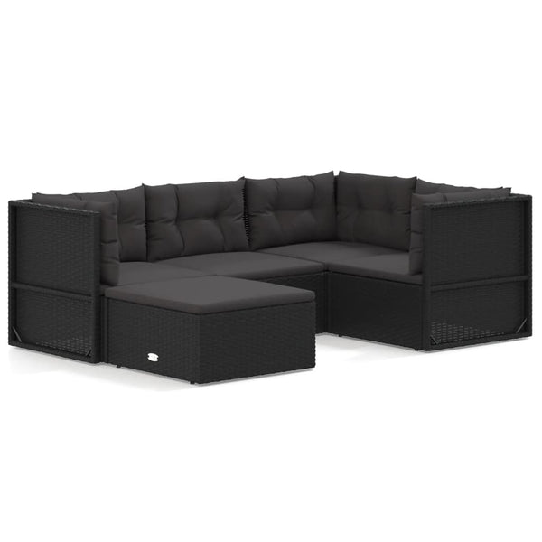 5 Piece Patio Lounge Set with Cushions Black Poly Rattan