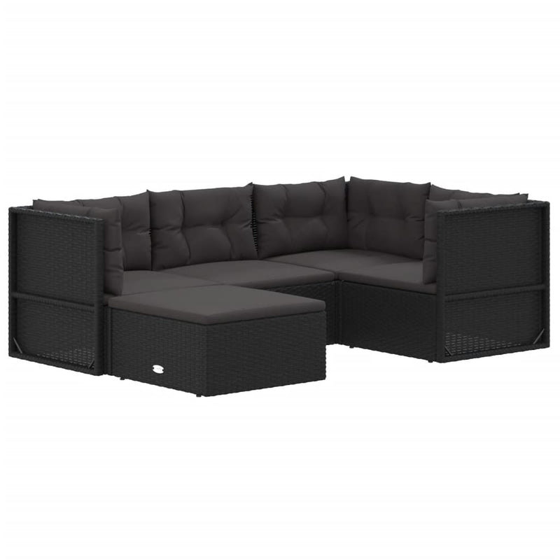 5 Piece Patio Lounge Set with Cushions Black Poly Rattan