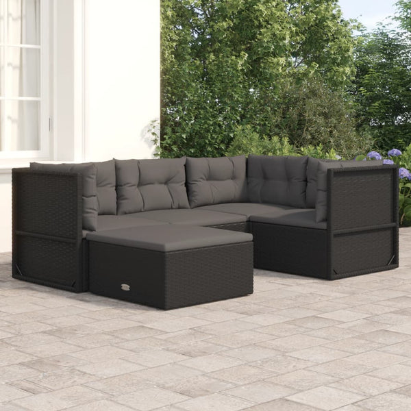 5 Piece Patio Lounge Set with Cushions Black Poly Rattan