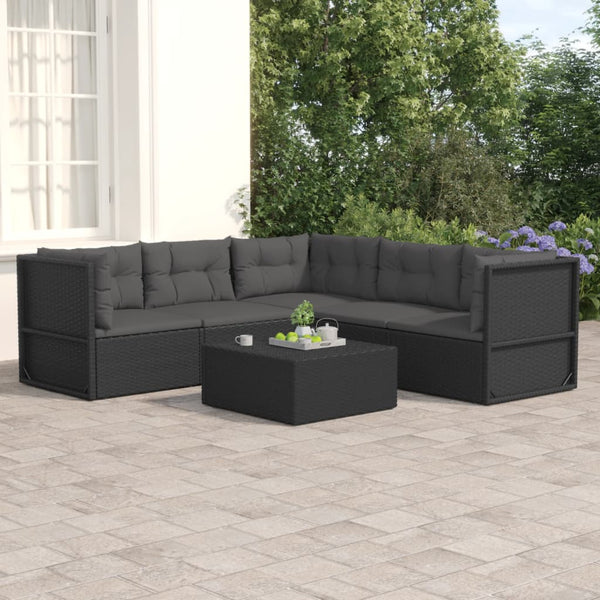 5 Piece Patio Lounge Set with Cushions Black Poly Rattan