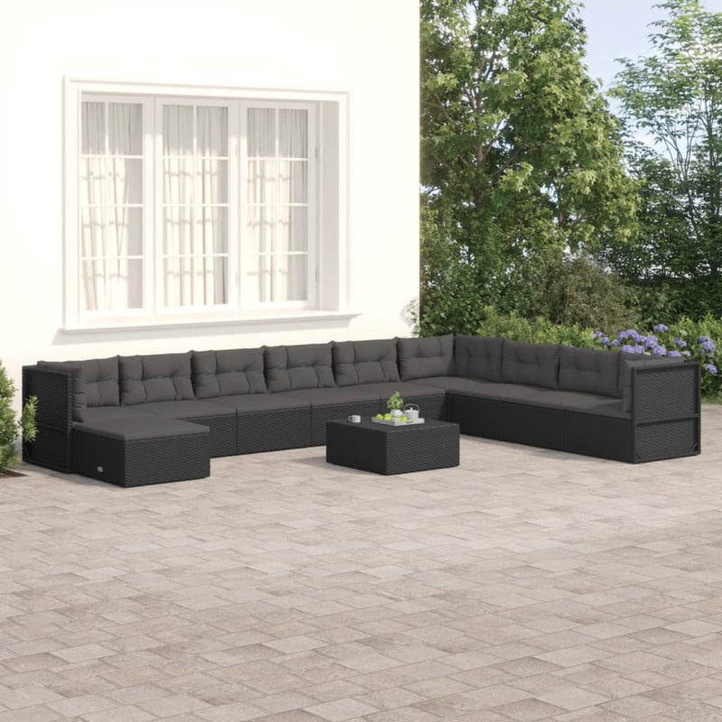 10 Piece Patio Lounge Set with Cushions Black Poly Rattan