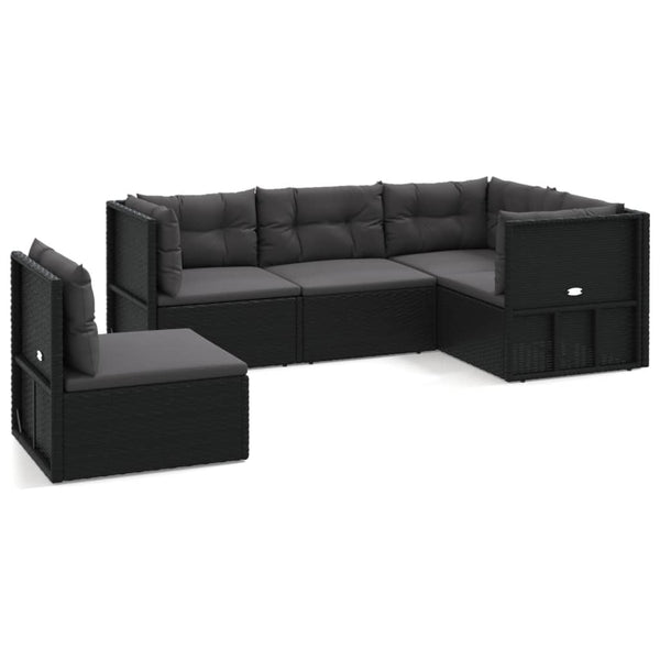 5 Piece Patio Lounge Set with Cushions Black Poly Rattan