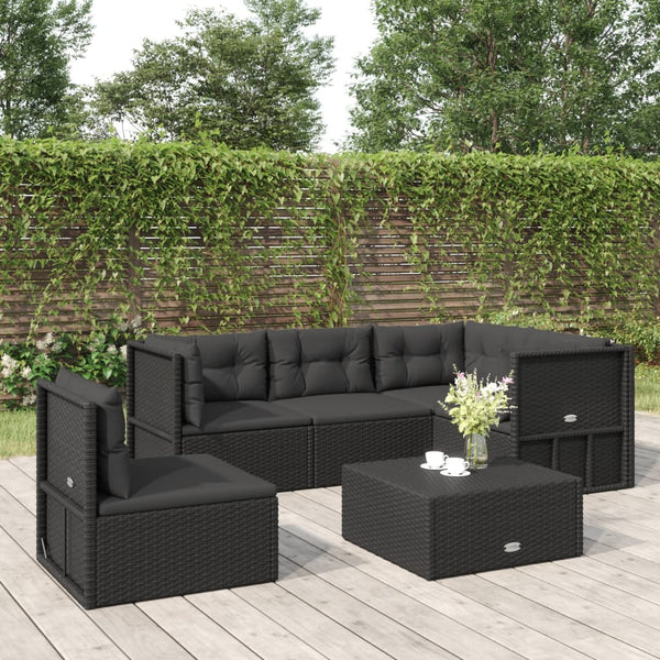 5 Piece Patio Lounge Set with Cushions Black Poly Rattan