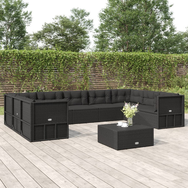 9 Piece Patio Lounge Set with Cushions Black Poly Rattan