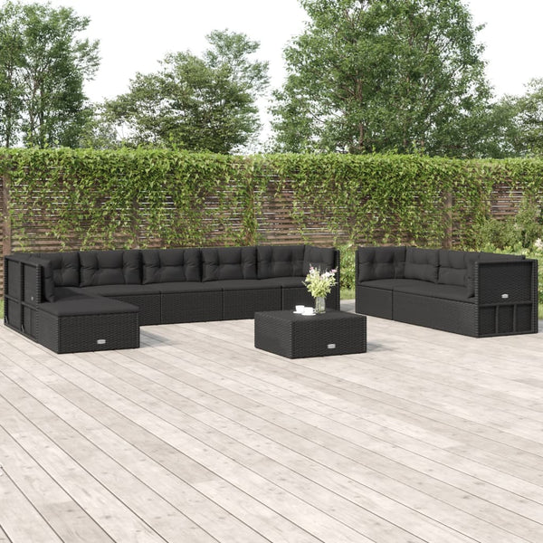 10 Piece Patio Lounge Set with Cushions Black Poly Rattan