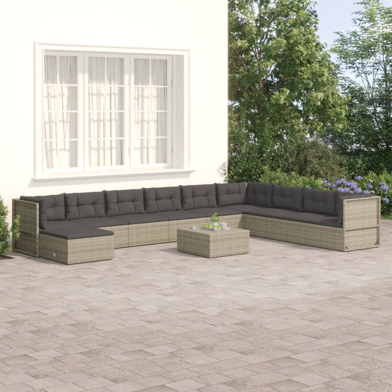 10 Piece Patio Lounge Set with Cushions Gray Poly Rattan