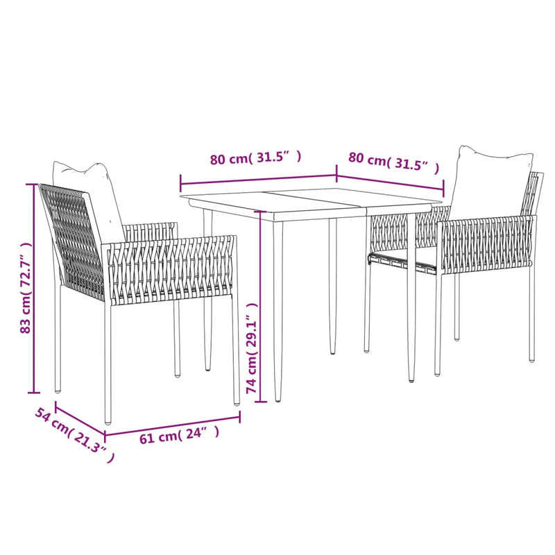 3 Piece Patio Dining Set with Cushions Poly Rattan and Steel