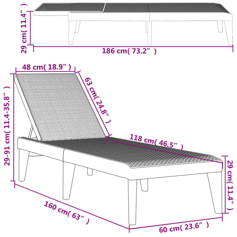 Sun Lounger White 73.2"x23.6"x11.4" PP