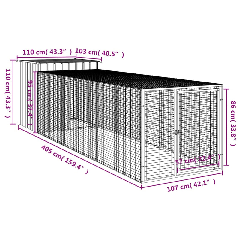 Chicken Cage with Run Light Gray 43.3"x159.4"x43.3" Galvanized Steel