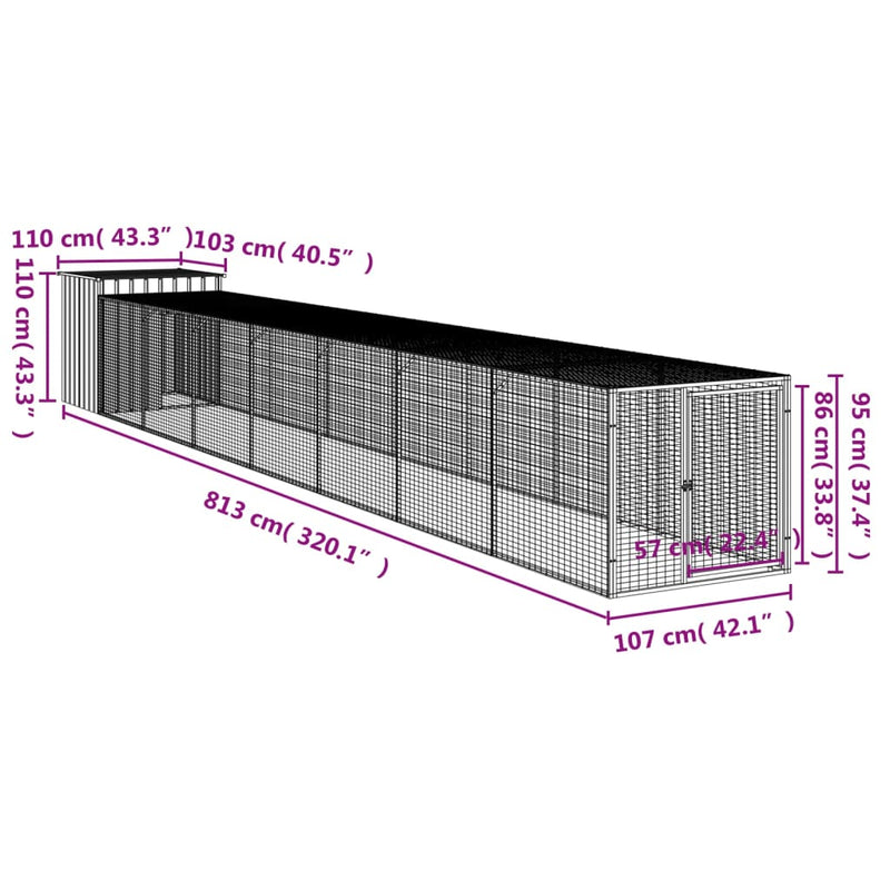 Chicken Cage with Run Light Gray 43.3"x320.1"x43.3" Galvanized Steel