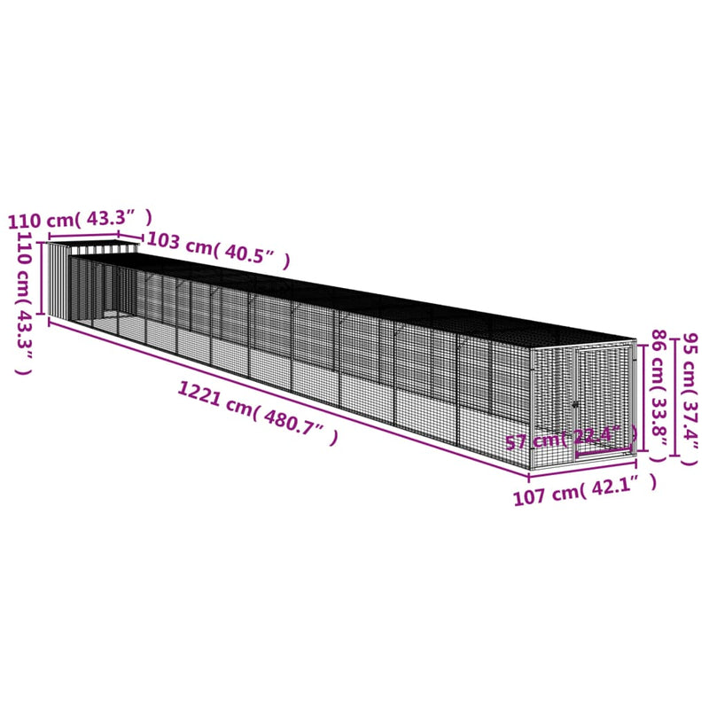 Chicken Cage with Run Light Gray 43.3"x480.7"x43.3" Galvanized Steel