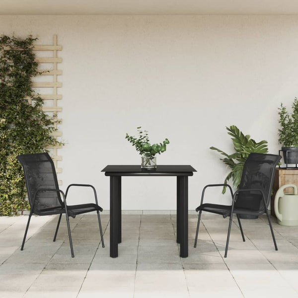 3 Piece Patio Dining Set Black Steel and Textilene