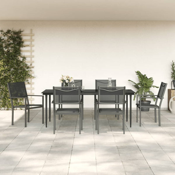 7 Piece Patio Dining Set Black Steel and Textilene