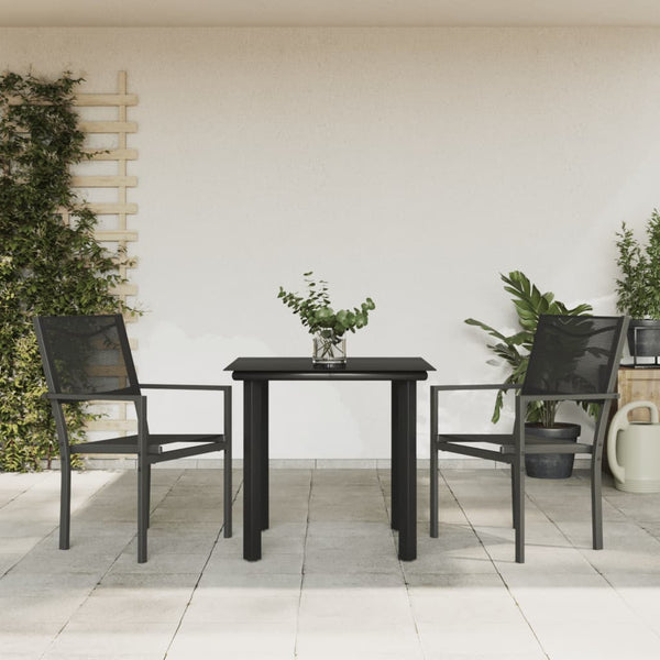 3 Piece Patio Dining Set Black Steel and Textilene