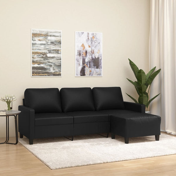 3-Seater Sofa with Footstool Black 70.9" Faux Leather