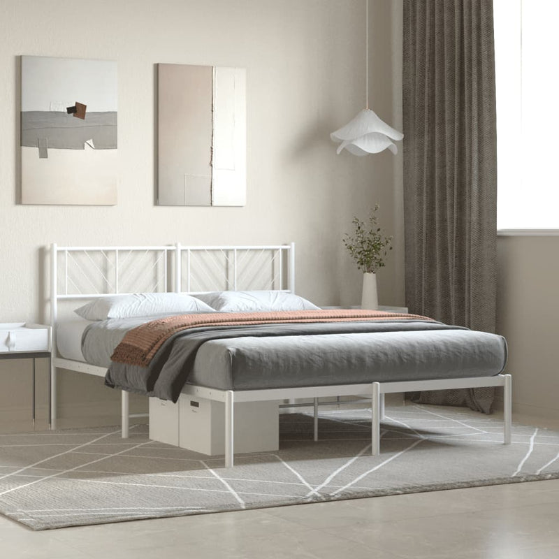 Metal Bed Frame with Headboard White 53.1"x74.8"