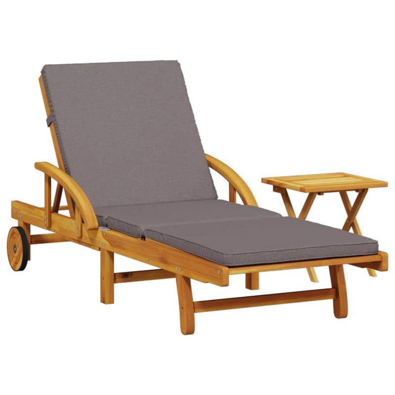 Sun Lounger with Cushion and Table Solid Wood Acacia